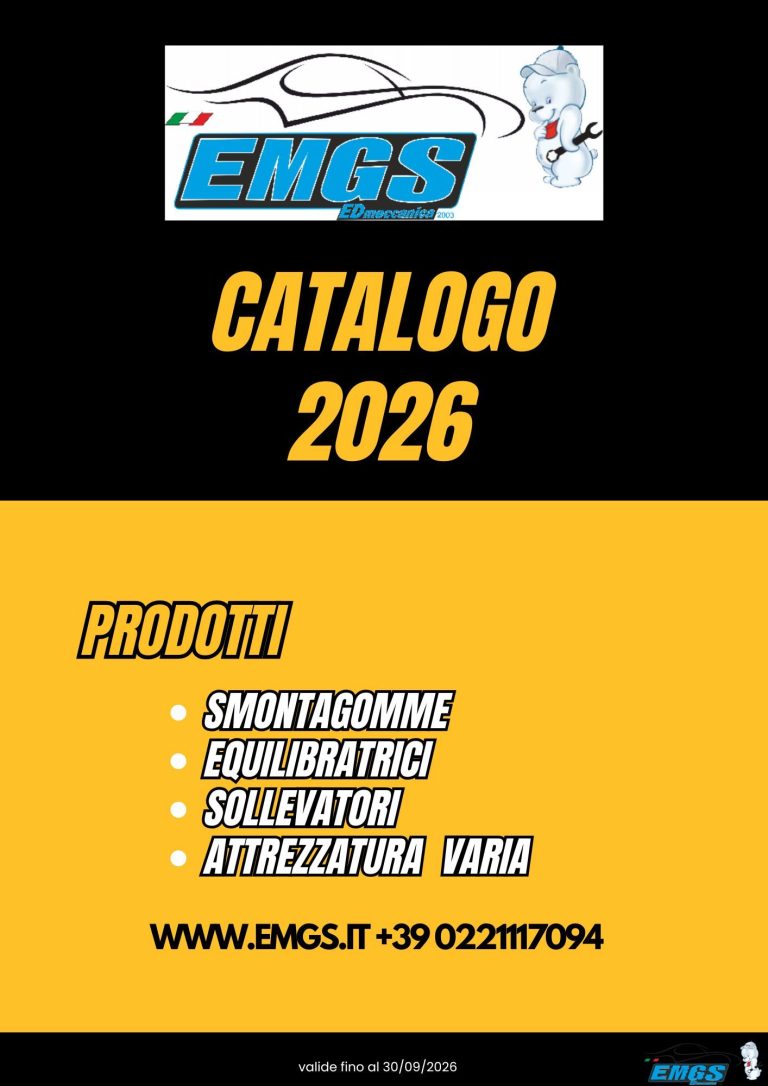 Catalogo 2025, elencando prodotti come smontagomme, equilibratrice e sollevatori.
