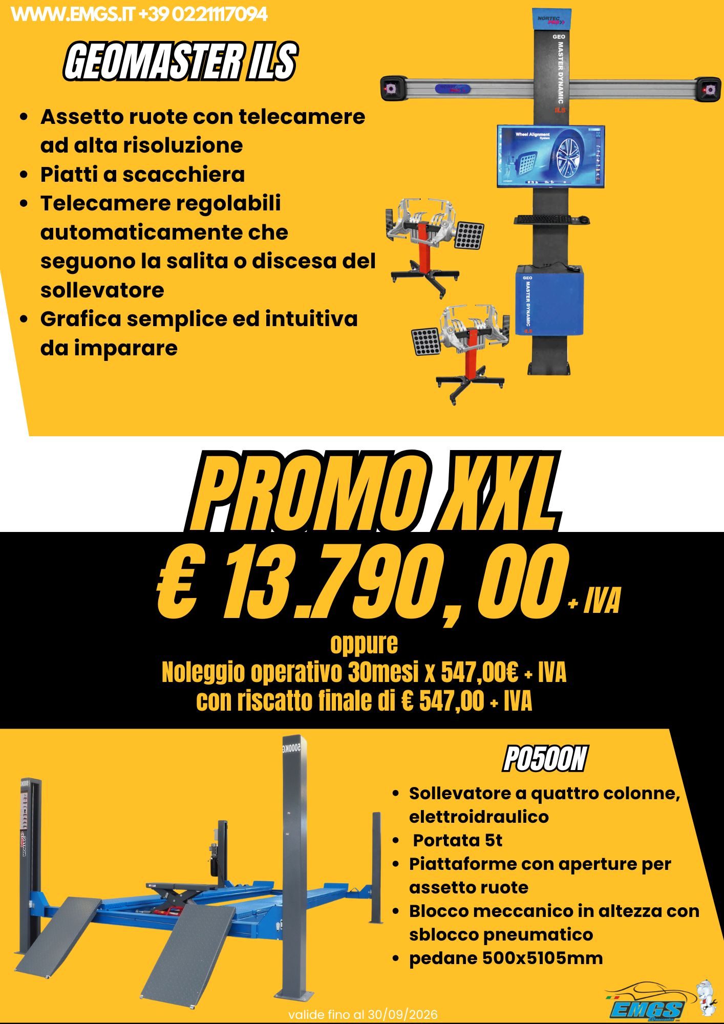 Promo Assetto convergenza + sollevatore 4 colonne. Costo € 4.390,00+IVA