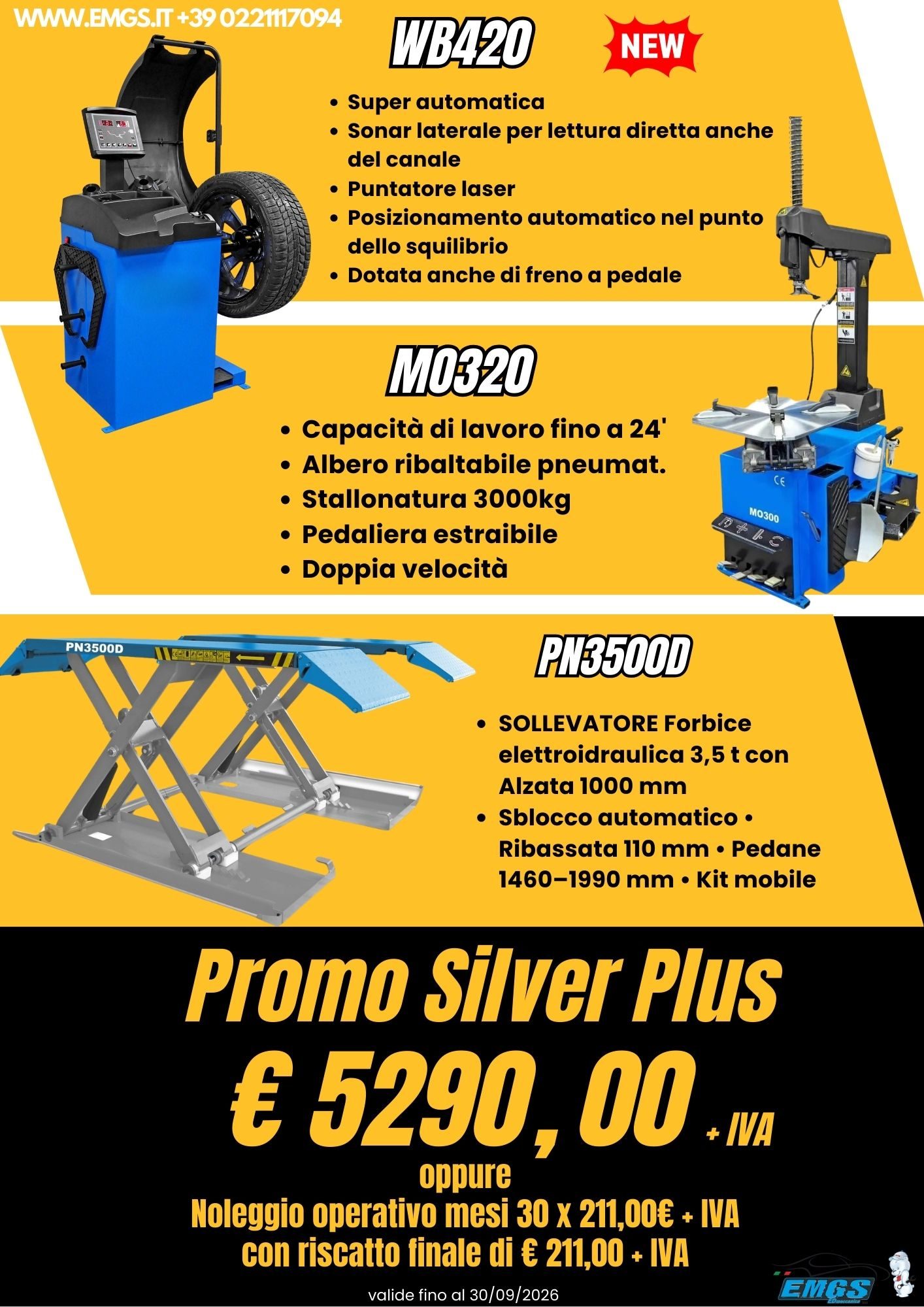 Pubblicità per un sollevatore, equilibratrice e smontagomme con dettagli e prezzi promozionali (€ 5290,00+iva).