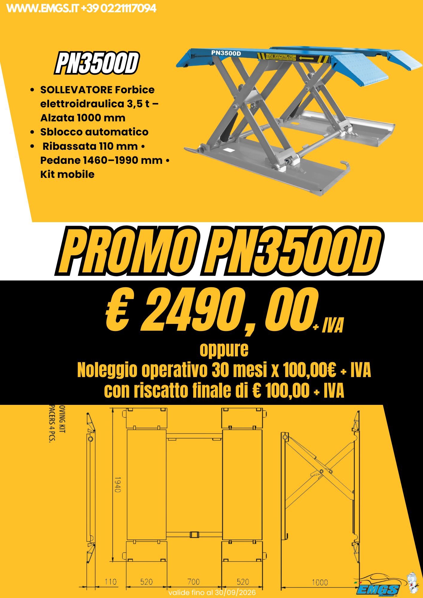 Pubblicità per un sollevatore, equilibratrice e smontagomme con dettagli e prezzi promozionali (€ 6890,00+iva).