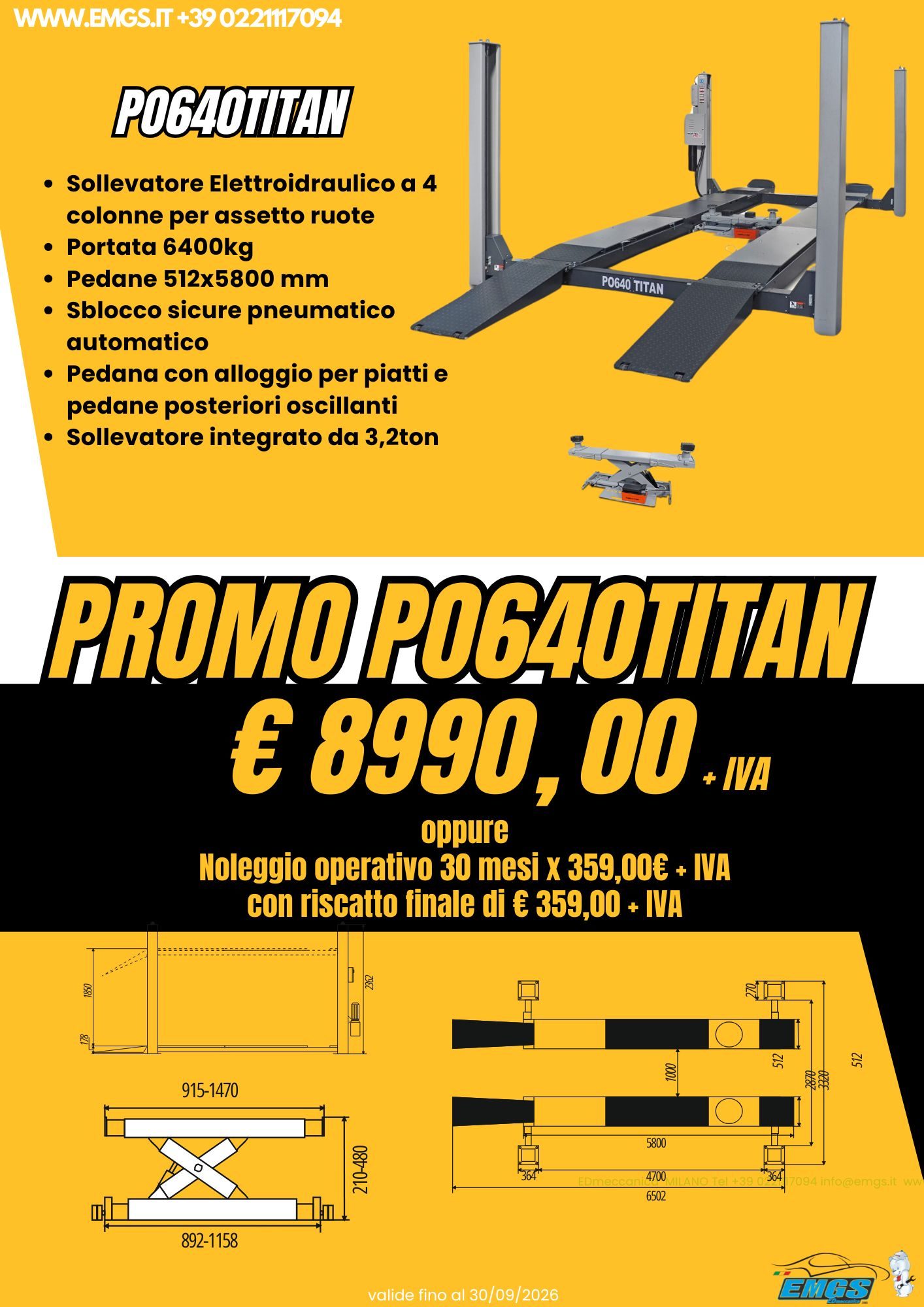Promo sollevatore elettroidraulico 4 colonne portata 6400kg anche per assetto ruote con sollevatore integrato. Prezzo €8990,00+IVA