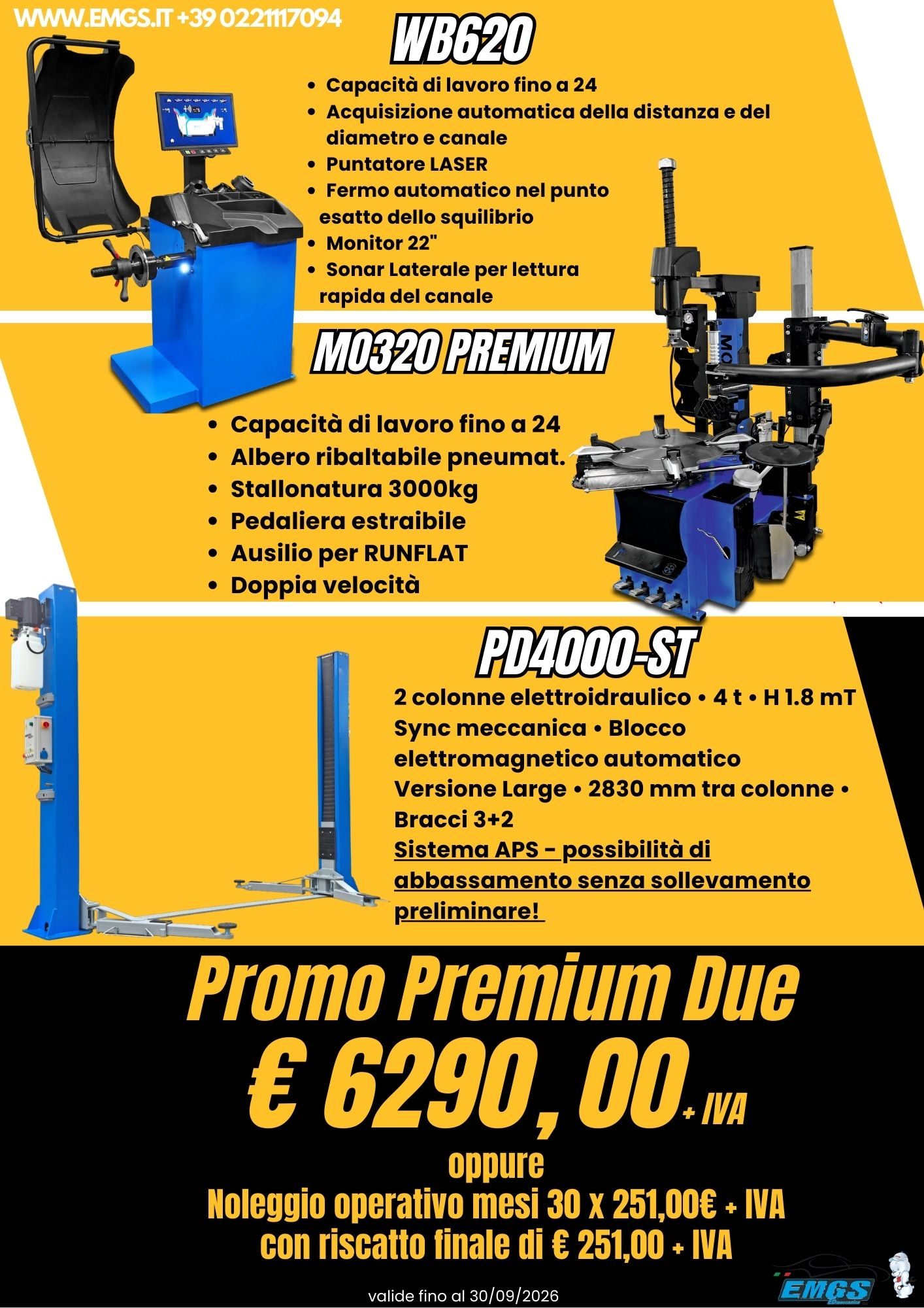 Pubblicità per un sollevatore, equilibratrice e smontagomme con dettagli e prezzi promozionali (€ 5190,00+iva).