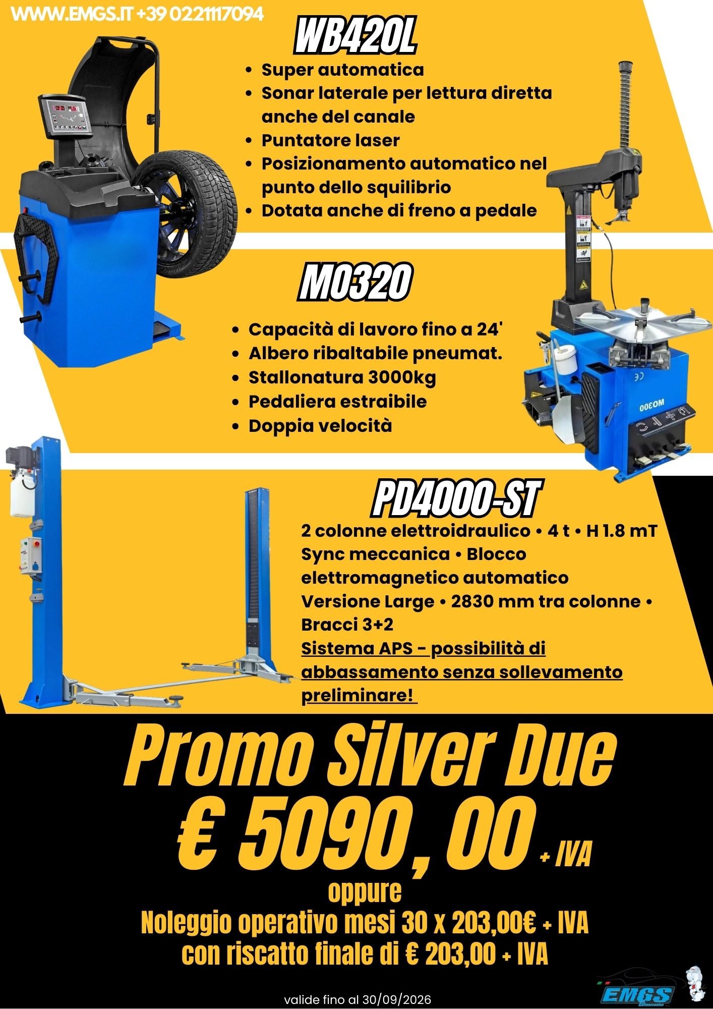 Pubblicità per un sollevatore, equilibratrice e smontagomme con dettagli e prezzi promozionali (€ 5190,00+iva).