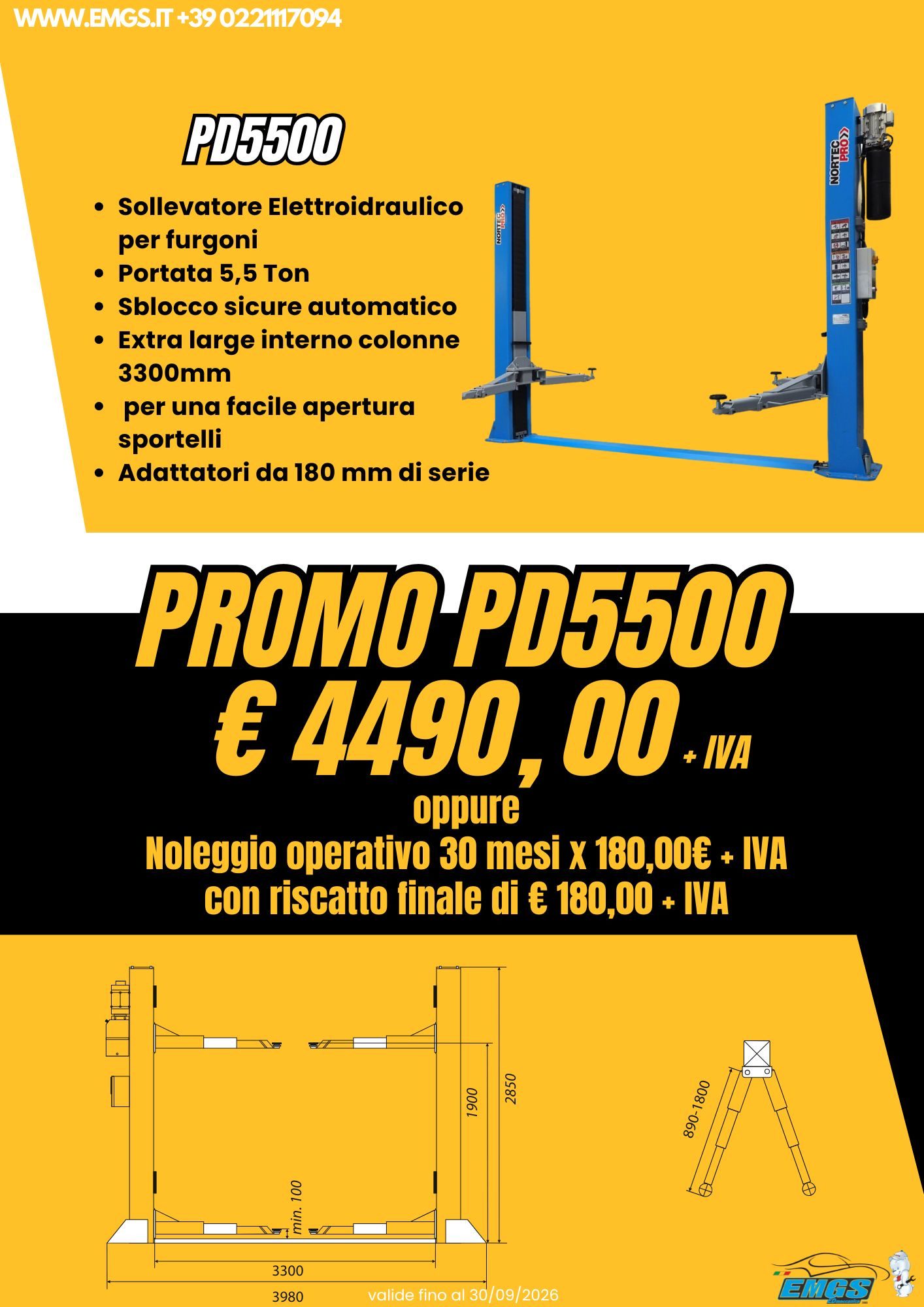 Promozione sollevatore due colonne 4 ton. € 2390,00 + IVA