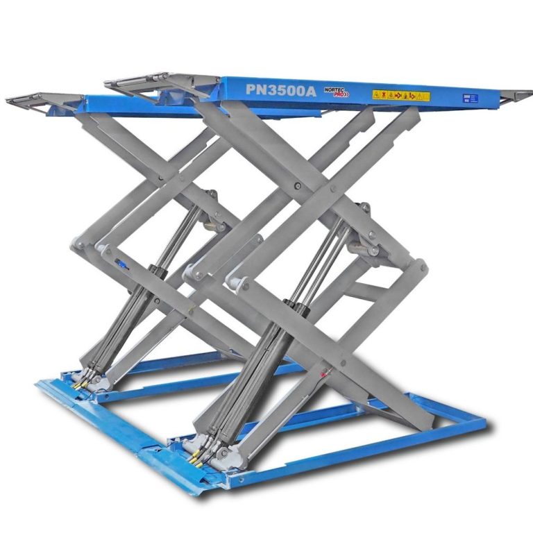 Sollevatore elettroidraulico a forbice da 3,5 tonnellate, con alzata fino a 1,2 m, pedane regolabili e kit di mobilità incluso.