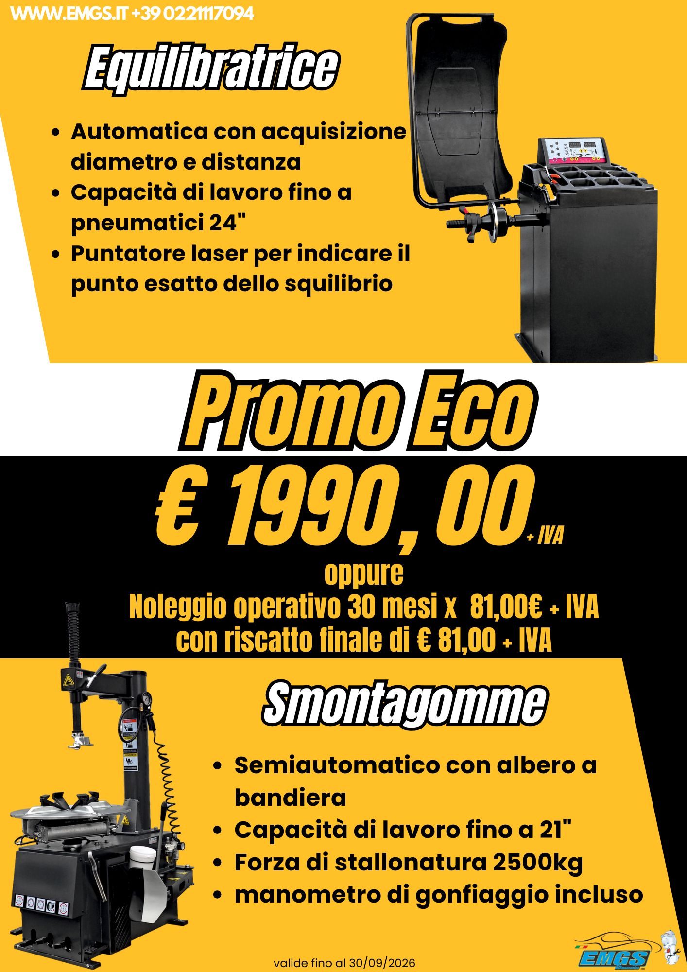 Promotional flyer for a wheel balancer, featuring prices and specifications.