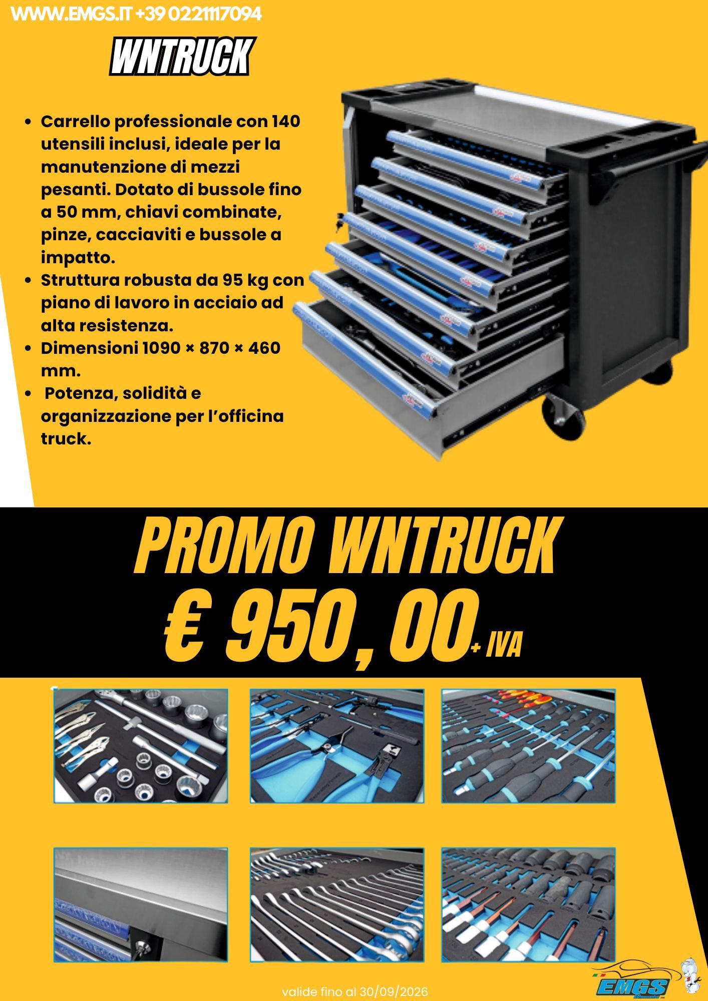 Carrello attrezzi WN279 in promozione, con un'assortita gamma di utensili e scomparti.