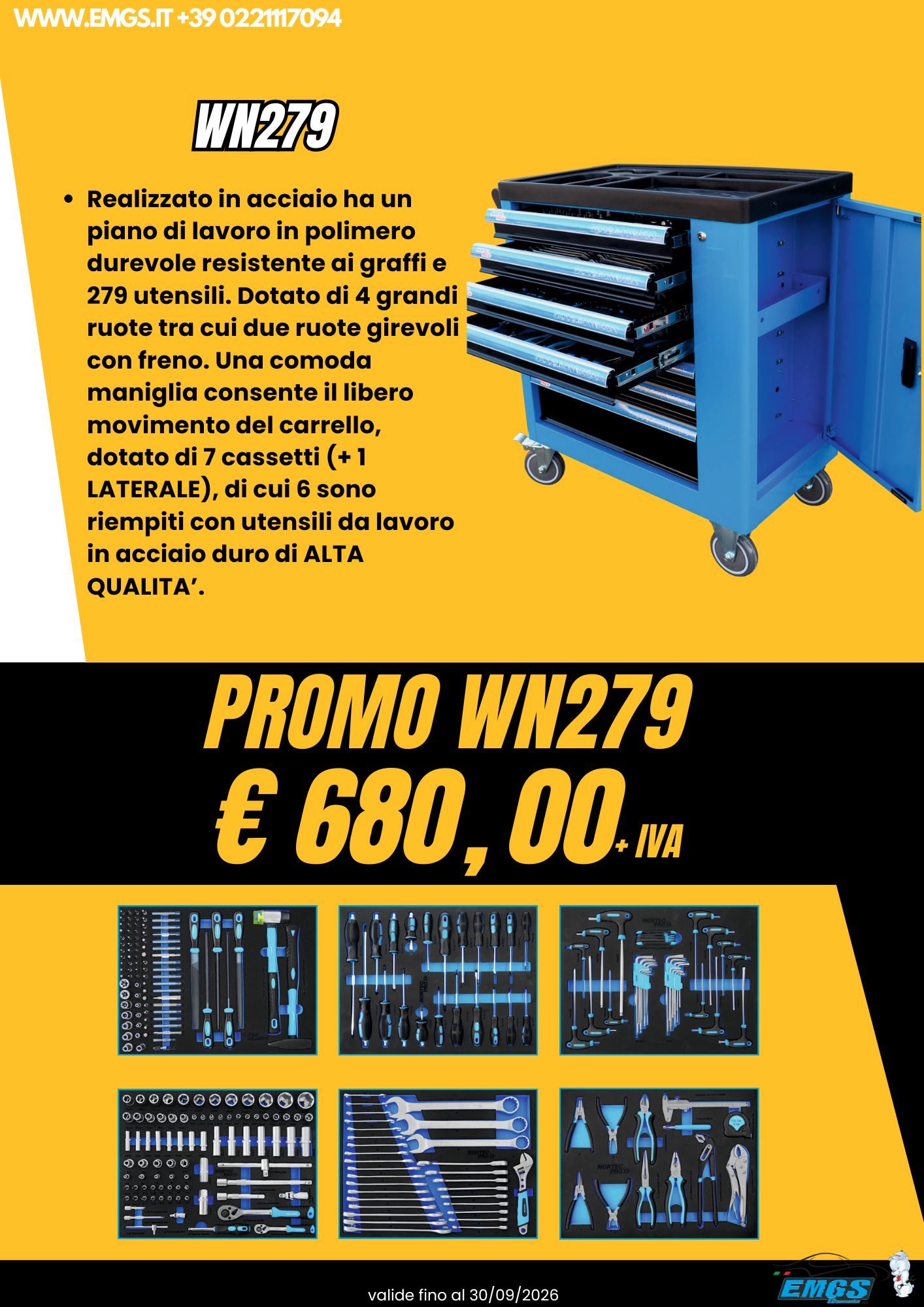 Carrello attrezzi WN279 in promozione, con un'assortita gamma di utensili e scomparti.