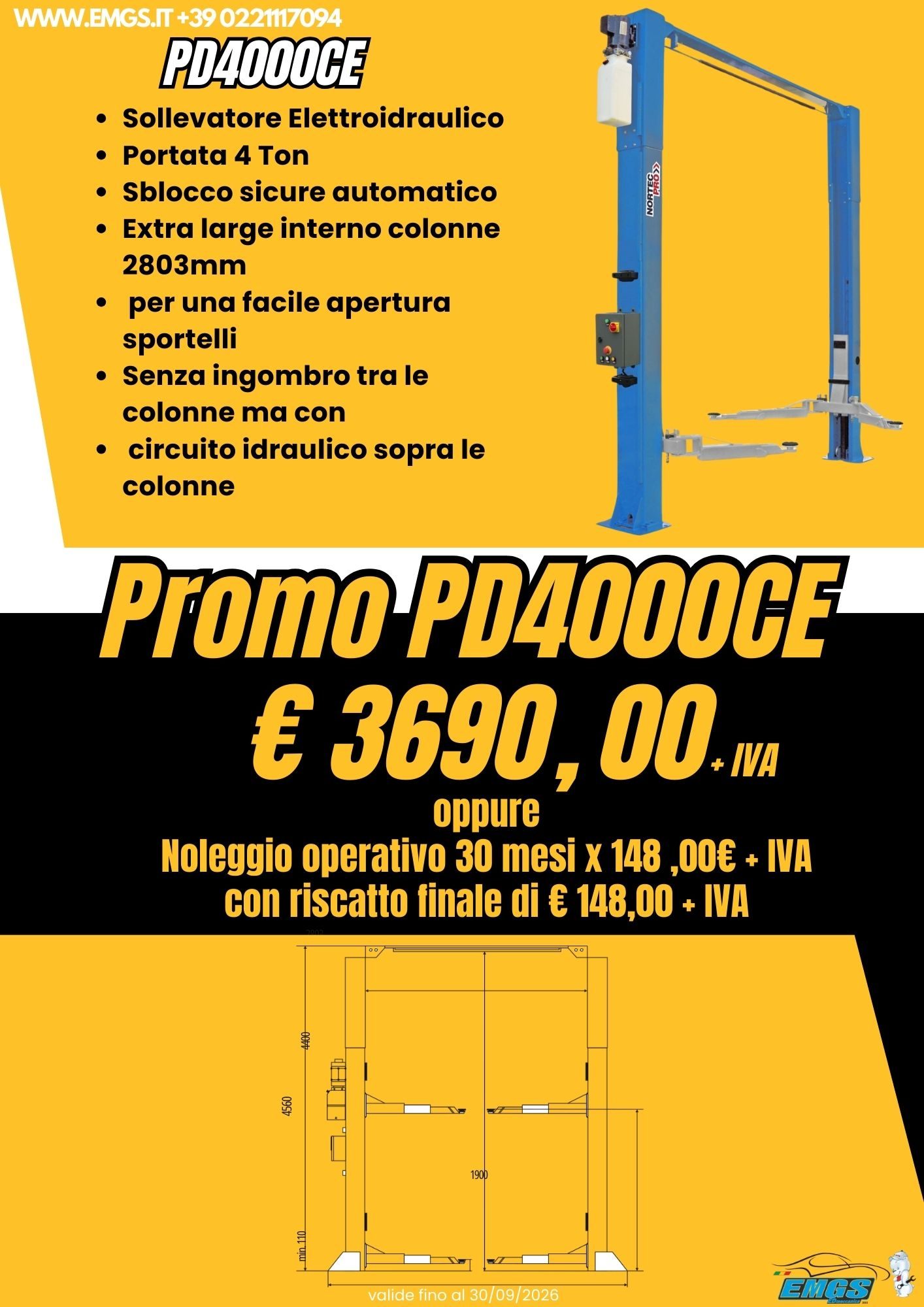 Promozione sollevatore due colonne 4 ton. € 3690,00 + IVA