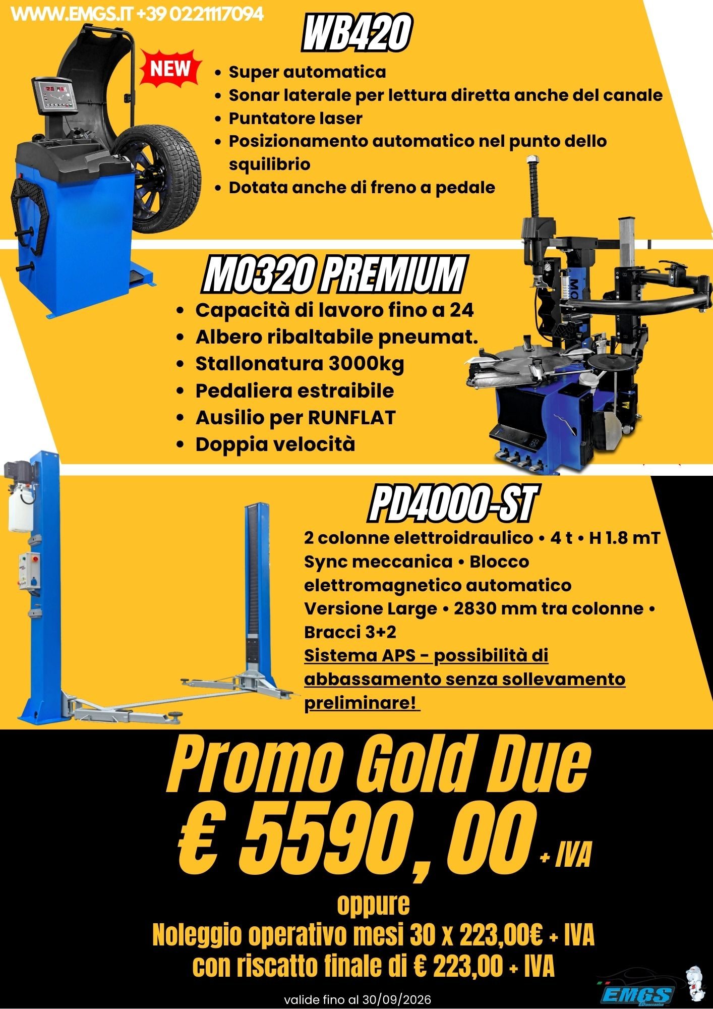 Pubblicità per un sollevatore, equilibratrice e smontagomme con dettagli e prezzi promozionali (€ 5190,00+iva).