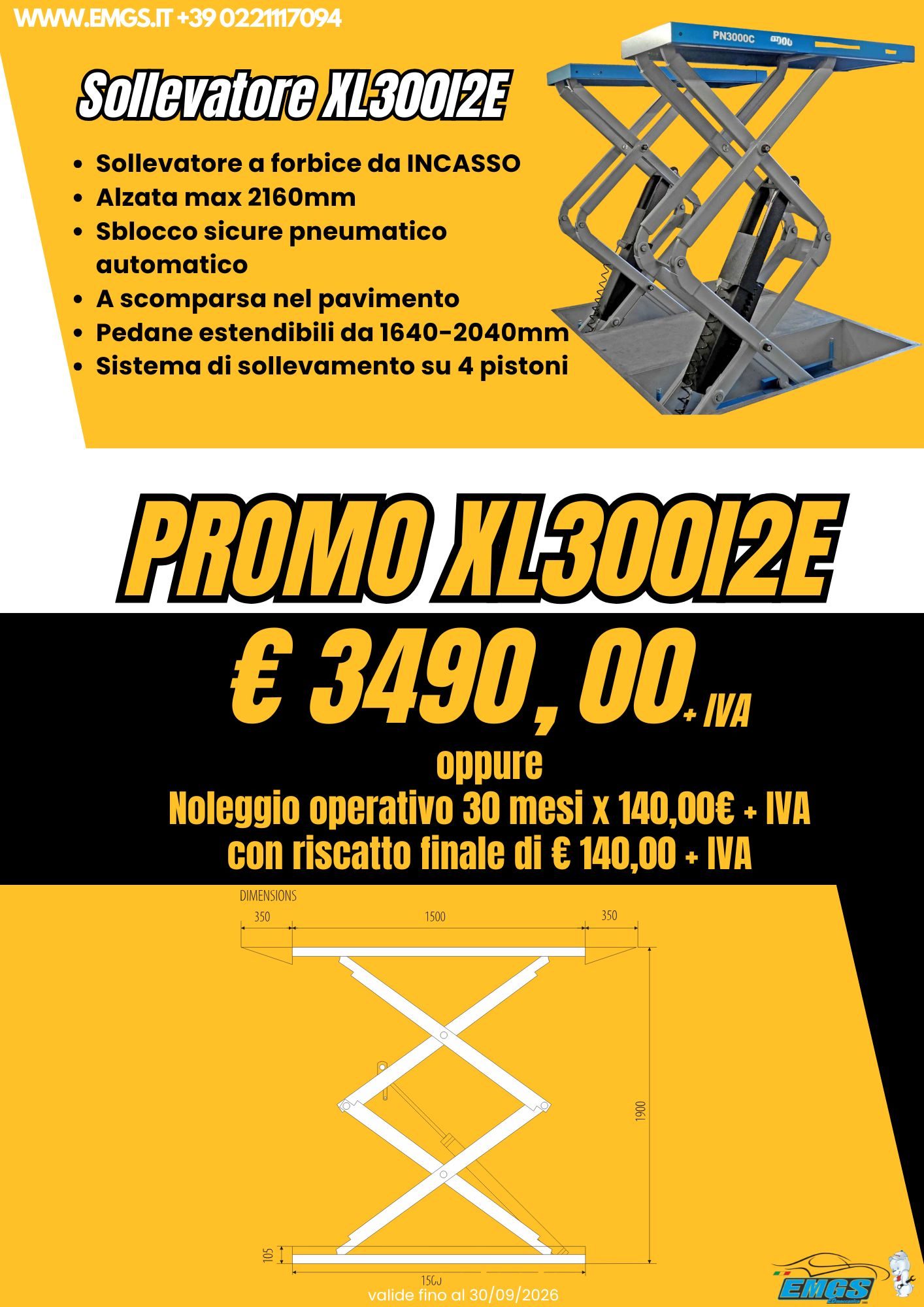 Promozione Sollevatore a forbice da incasso, alzata massima 2160mm. Prezzo € 3490,00+IVA