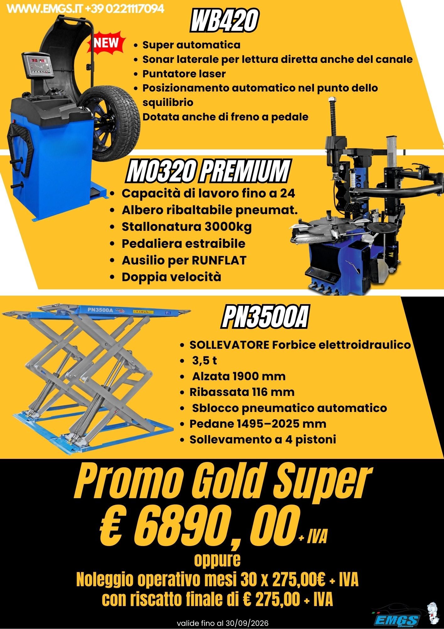 Pubblicità per un sollevatore, equilibratrice e smontagomme con dettagli e prezzi promozionali (€ 6890,00+iva).