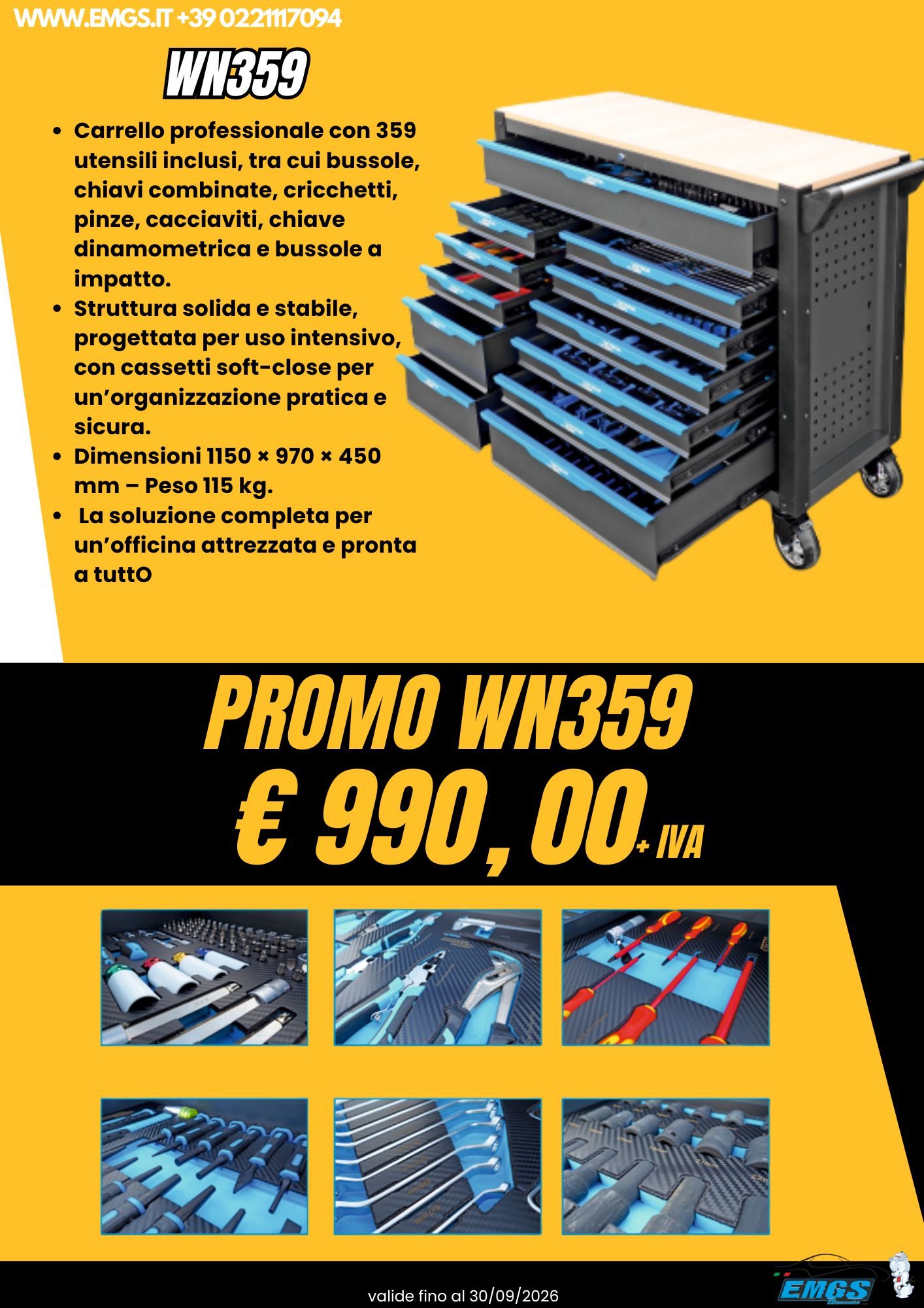 Carrello attrezzi WN279 in promozione, con un'assortita gamma di utensili e scomparti.