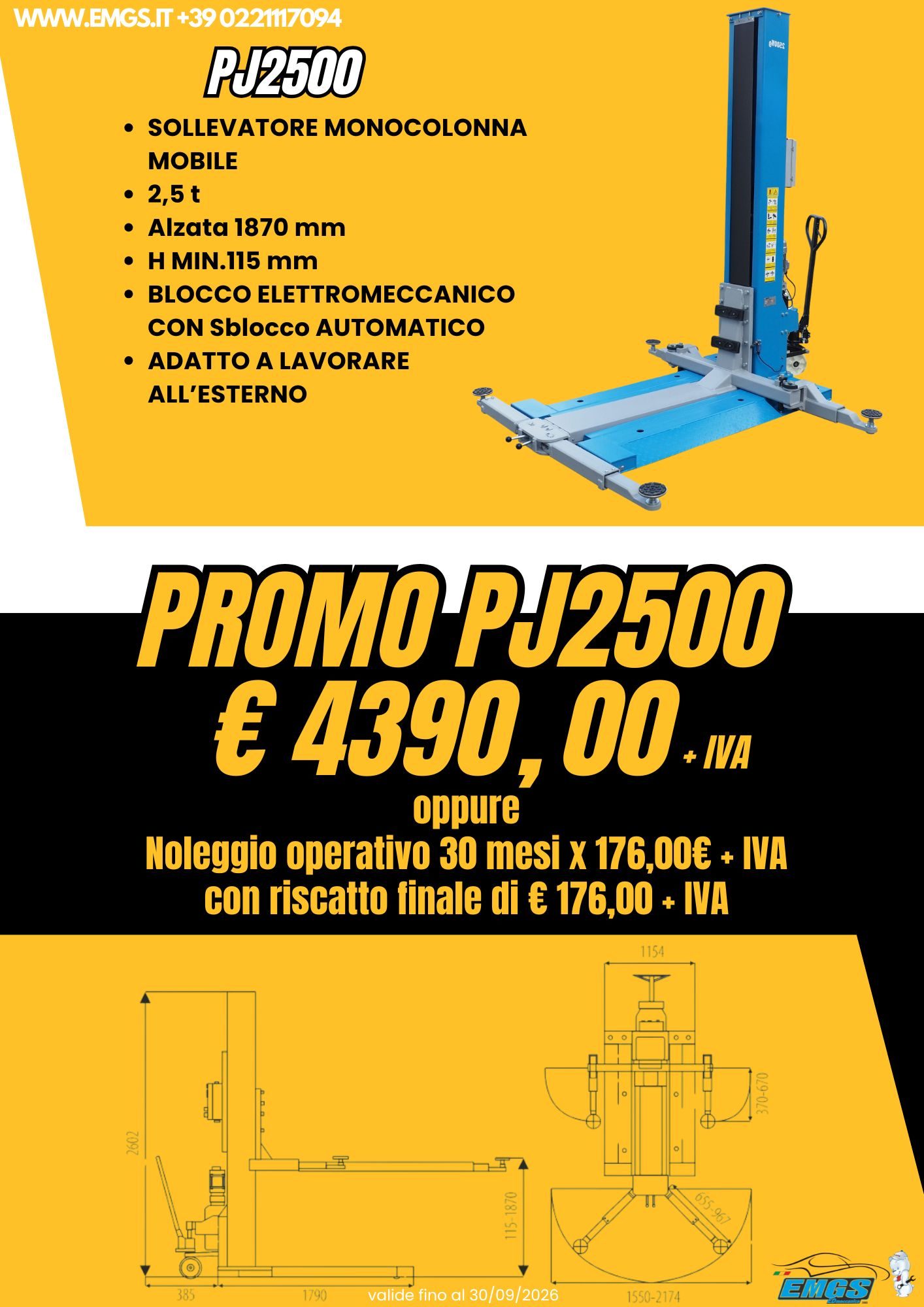 Pubblicità per un sollevatore, equilibratrice e smontagomme con dettagli e prezzi promozionali (€ 5690,00+iva).