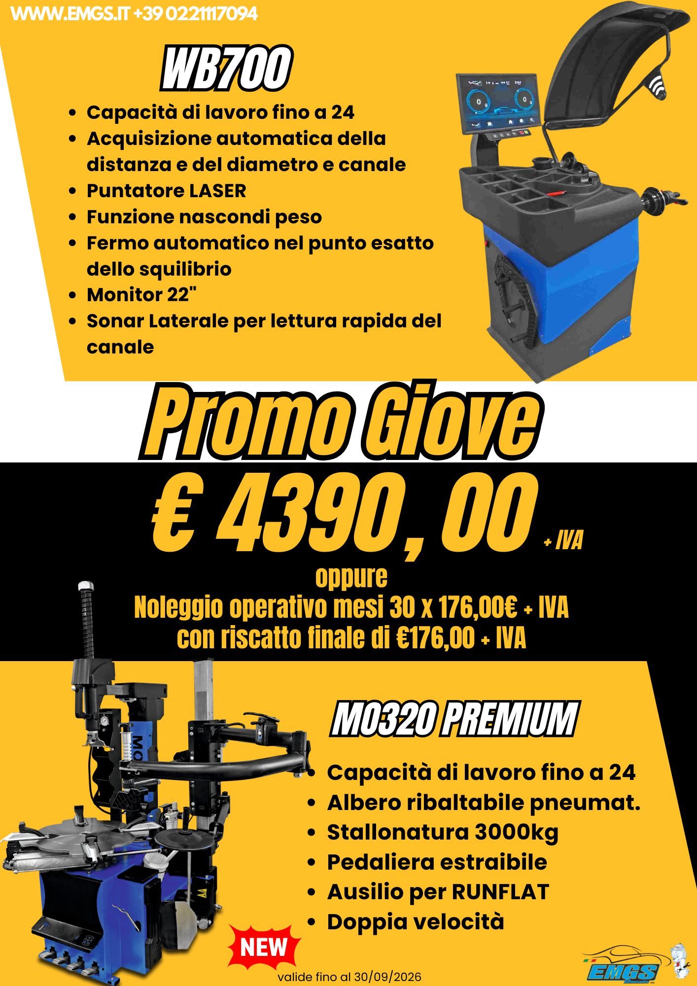 Pubblicità per un equilibratrice e smontagomme con dettagli e prezzi promozionali (€ 4690,00+iva).