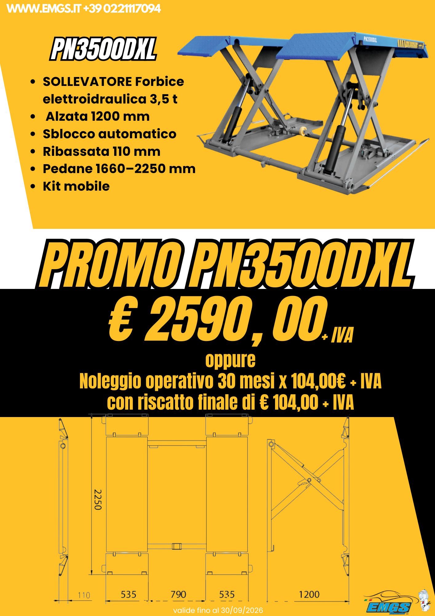 Promozione Sollevatore a forbice portata 3,5T, alzata massima 1000mm. Prezzo € 2590,00+IVA