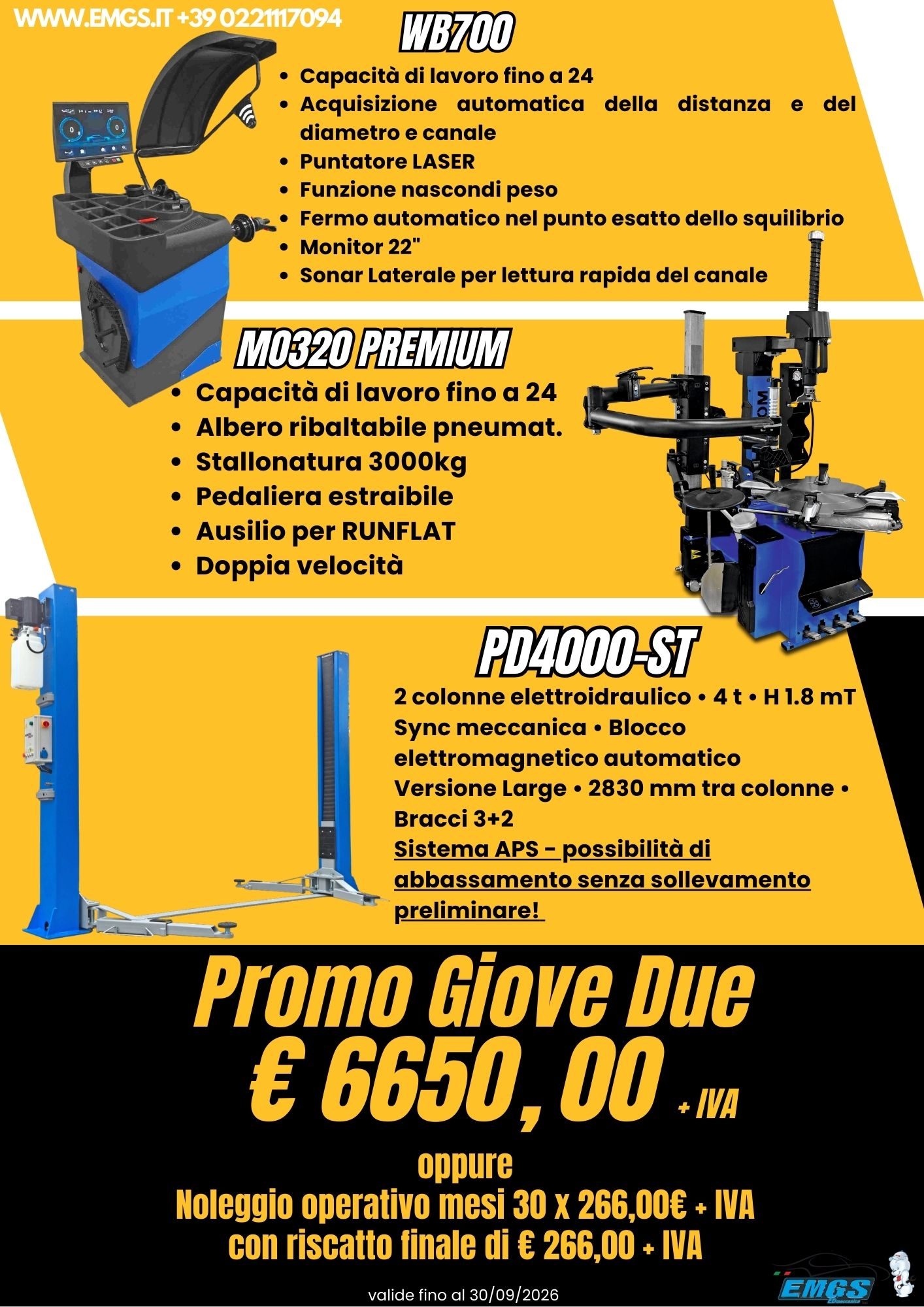 Pubblicità per un sollevatore, equilibratrice e smontagomme con dettagli e prezzi promozionali (€ 5690,00+iva).