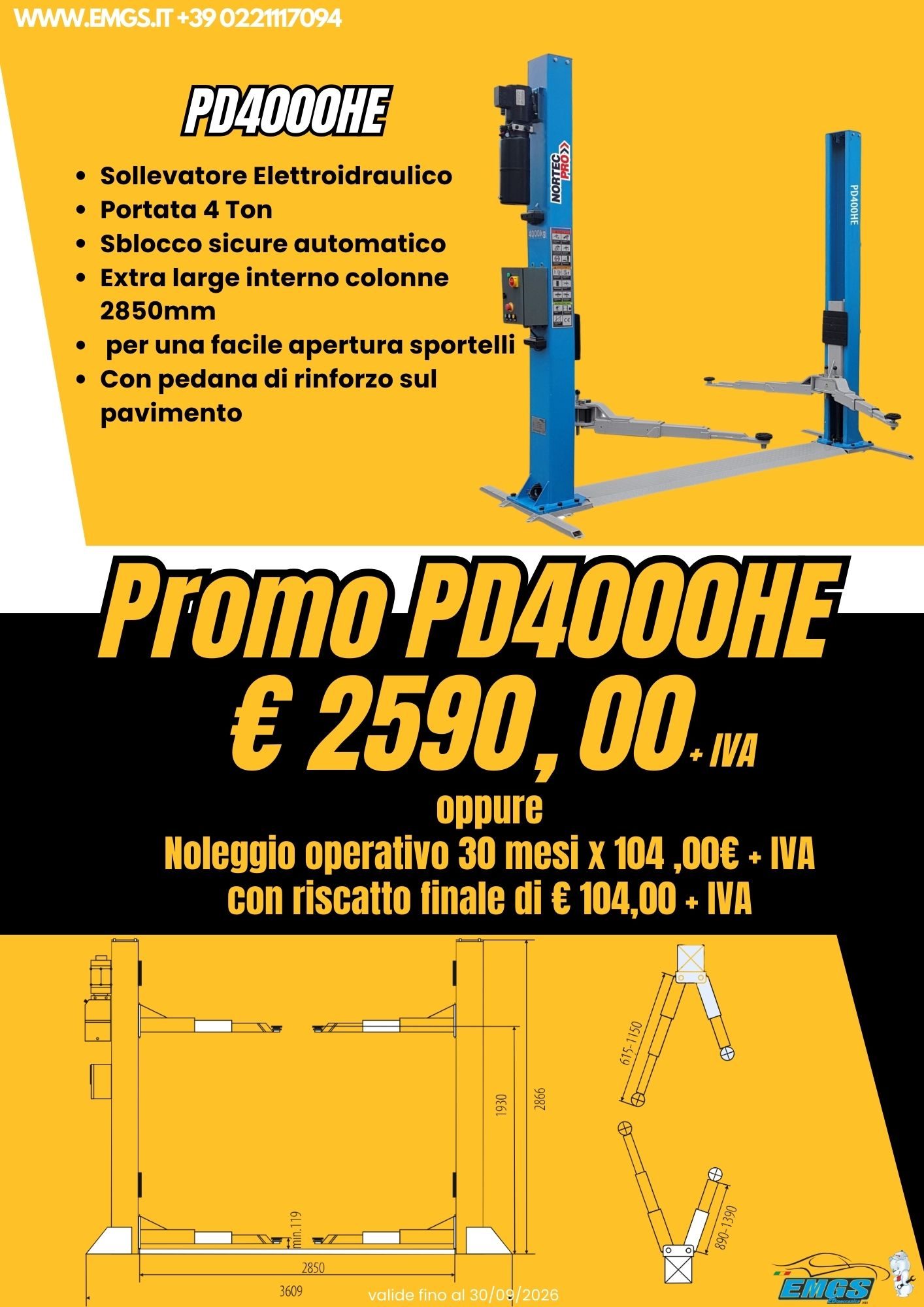 Promozione sollevatore due colonne 4 ton. € 2590,00 + IVA