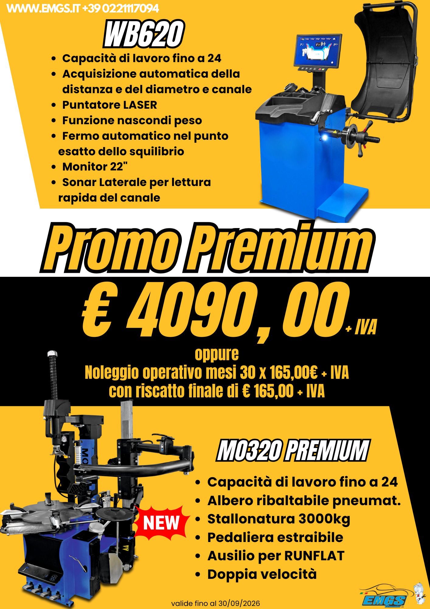 Pubblicità per un equilibratrice e smontagomme con dettagli e prezzi promozionali.